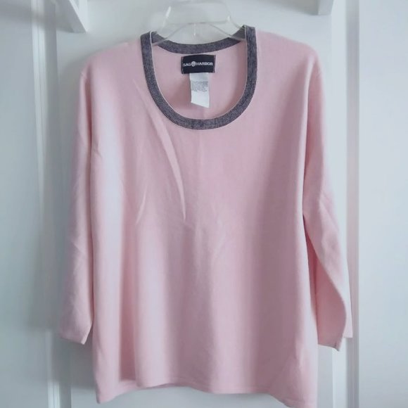 SAG HARBOR 3/4 Sleeve Pink Black Neckline Sweater - Picture 1 of 6